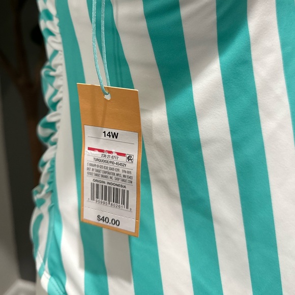 NEW Kona Sol Turquoise and White Vertical Stripes One Piece swimsuit 14W - Picture 2 of 11